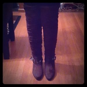 Thigh high flat suede boots